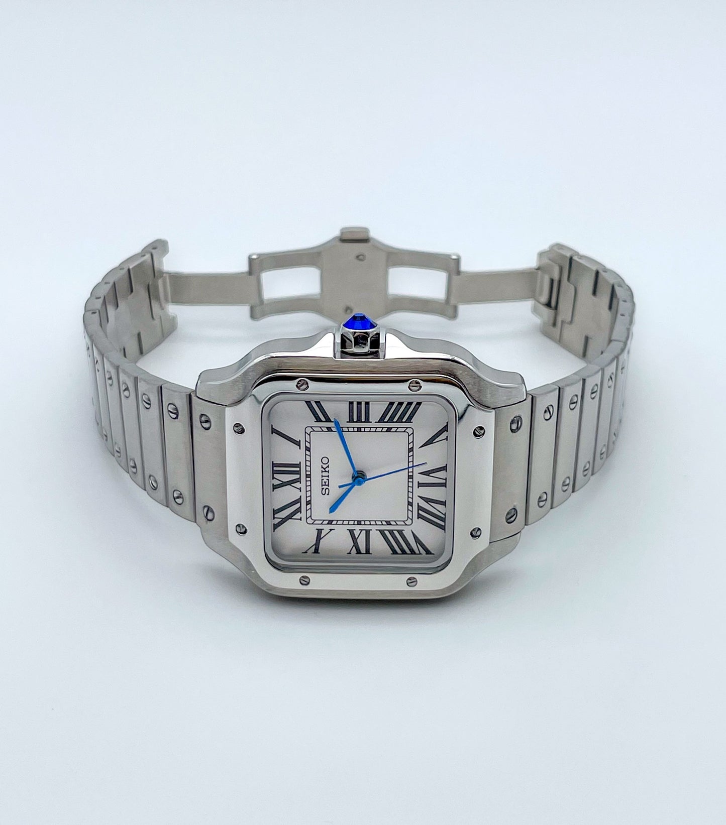 Seiko-mod-santos-classic-liegend-frontansicht-offen: Seiko Mod Santos Classic – Liegend, Frontansicht, offen.
