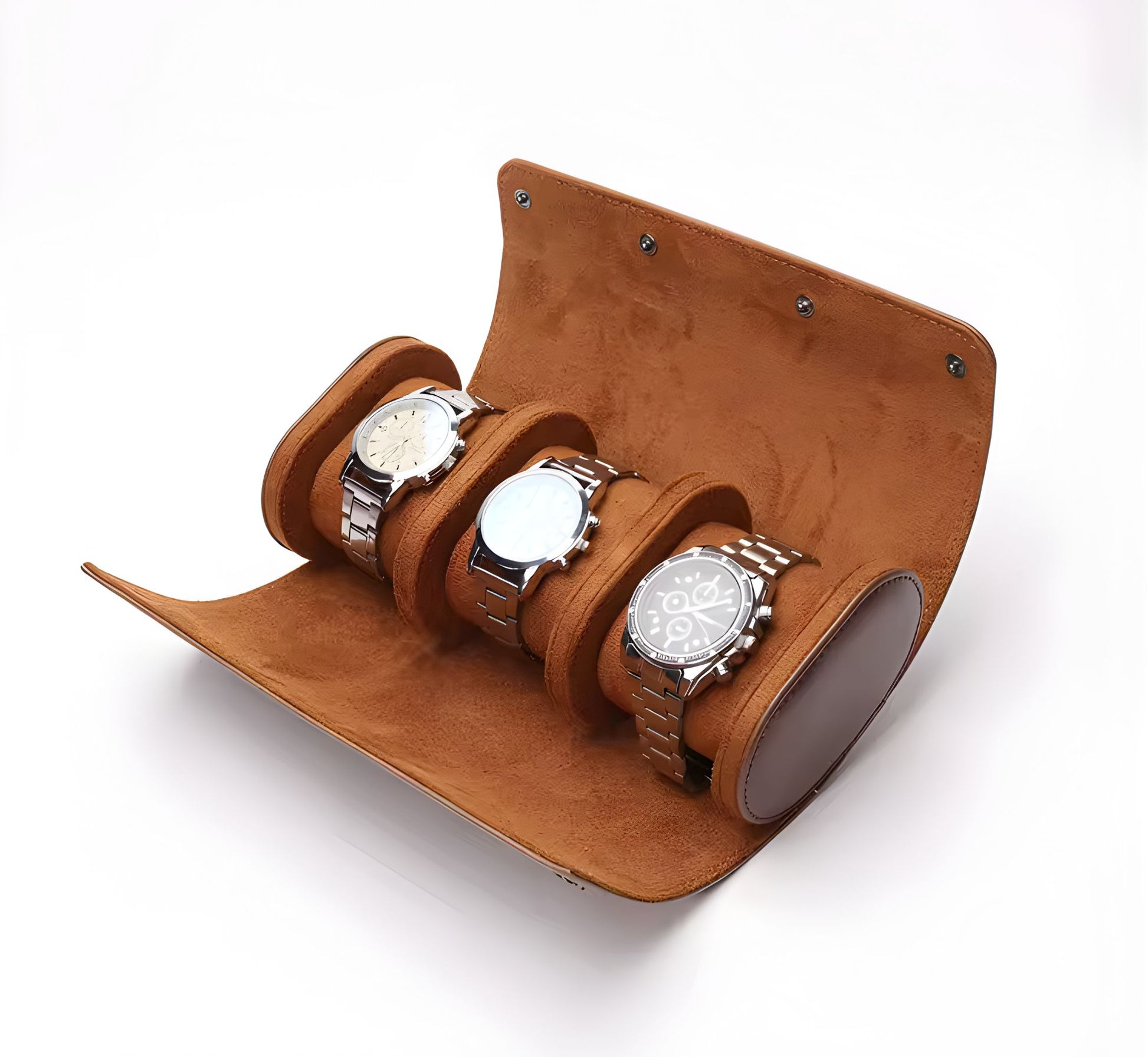 Geöffnete Leder-Uhrenrolle mit 3 Uhren